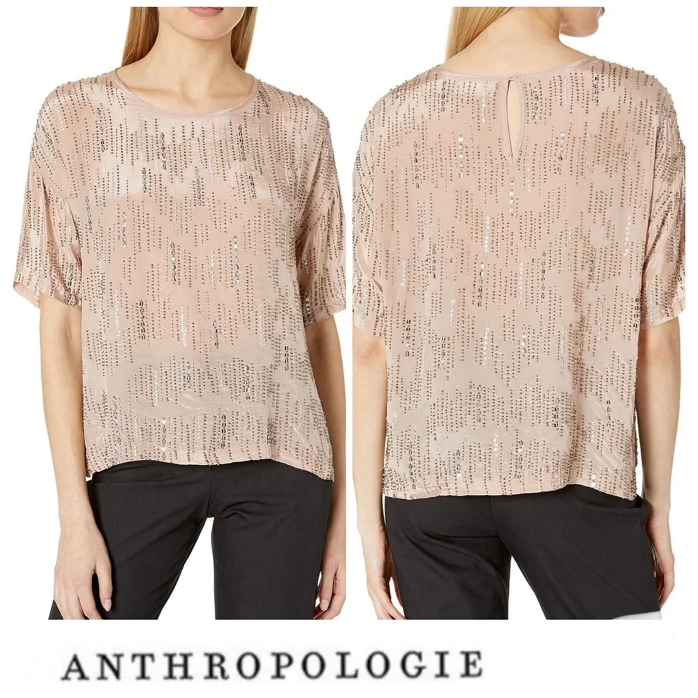 ANTHROPOLOGIE x Velvet Jonelle Beaded Sequins Viscose Boho Top Blouse Sz M NWT - Picture 5 of 14